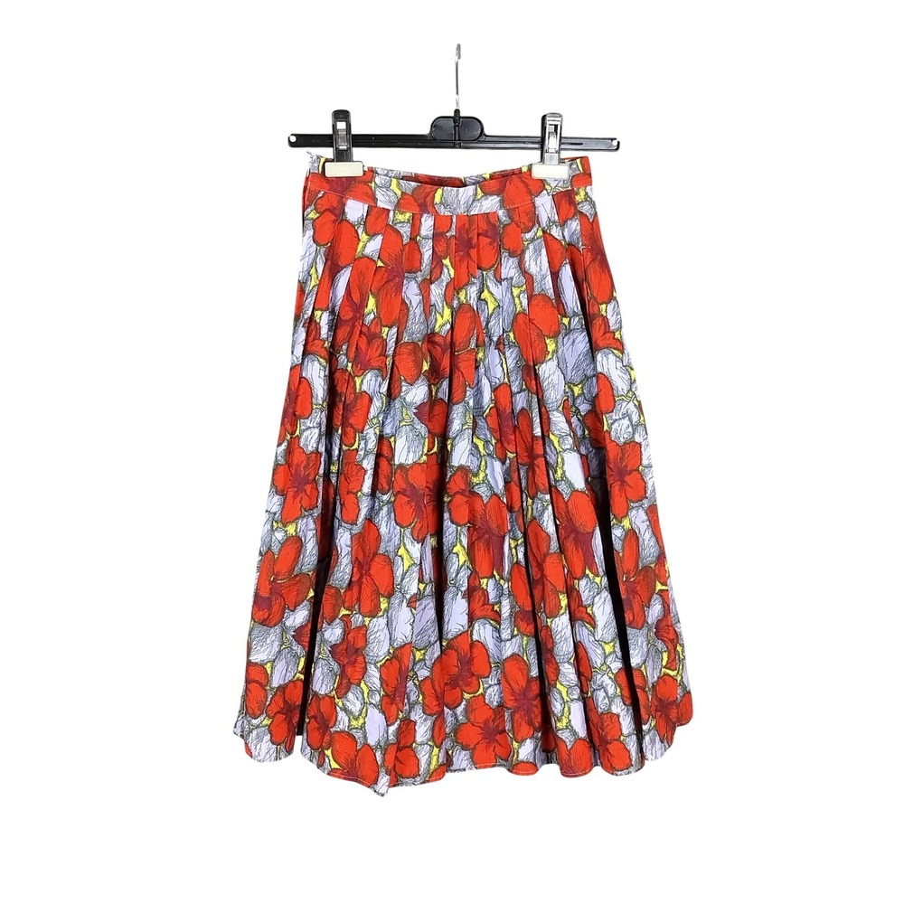 H&M Cotton A-Line Skirt Pleated‎ Floral Midi Red Purple Tropical Hibiscus